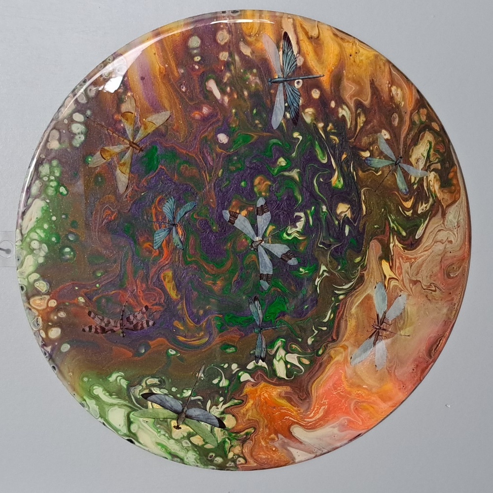 Hand Crafted Vinyl Record Dragonfly Original Round Painting Acrylic Resin Art